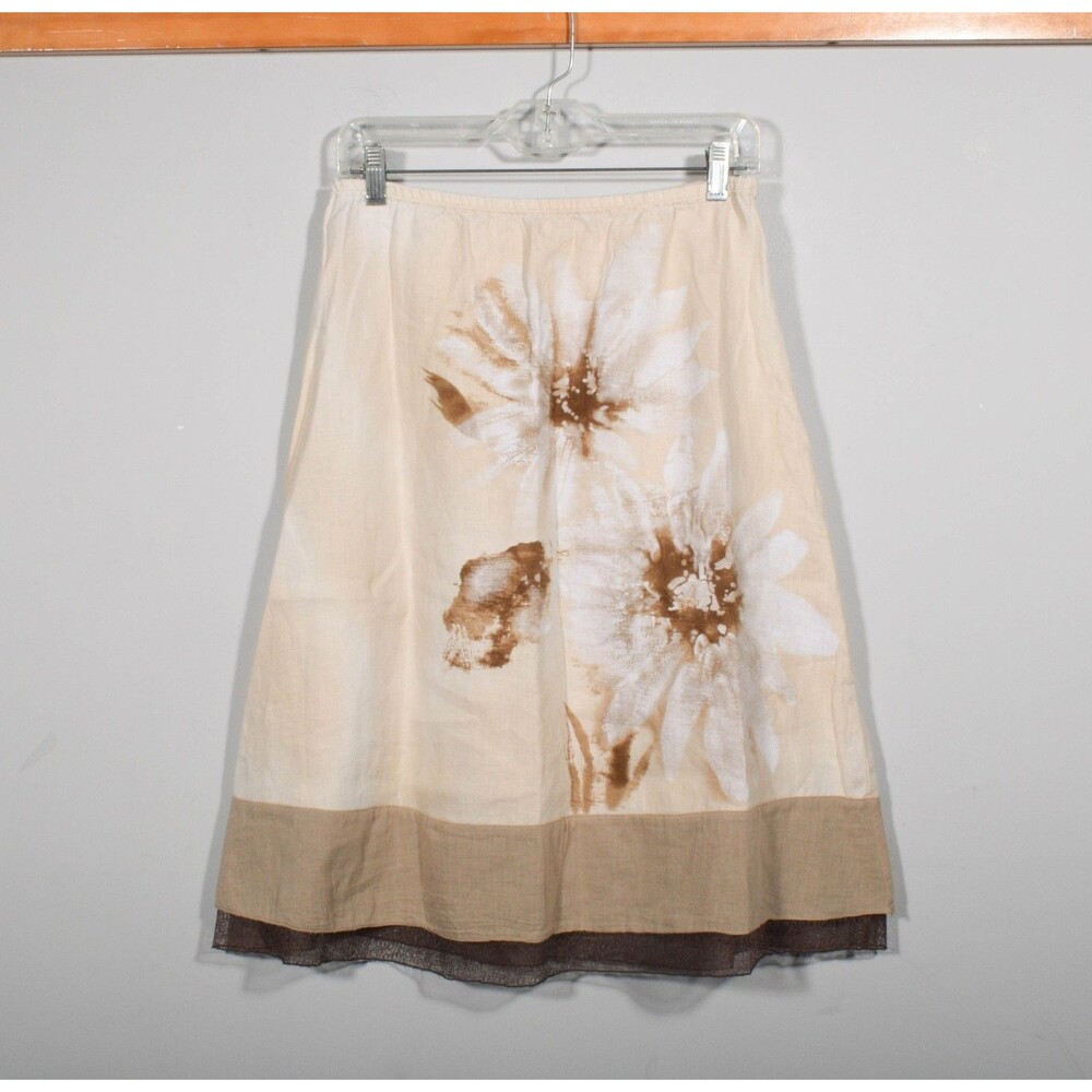 Vintage Y2K J Jill 100% Linen Sunflower Stretch Waist Flared Midi Skirt Sz SP